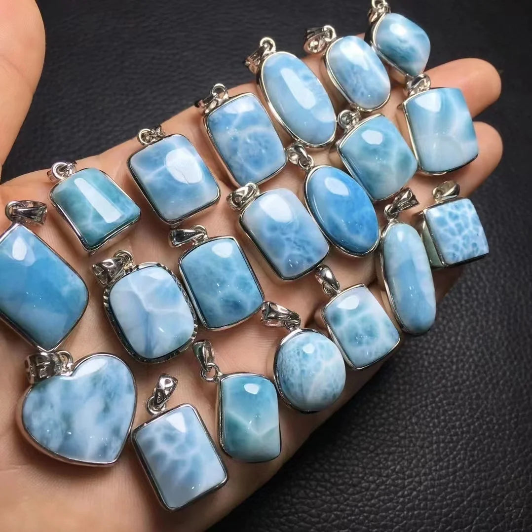 Natural  Larimar Pendant Quartz Water Drop Pendant Set in S925 Silver Gem Stone Crystal Pendant