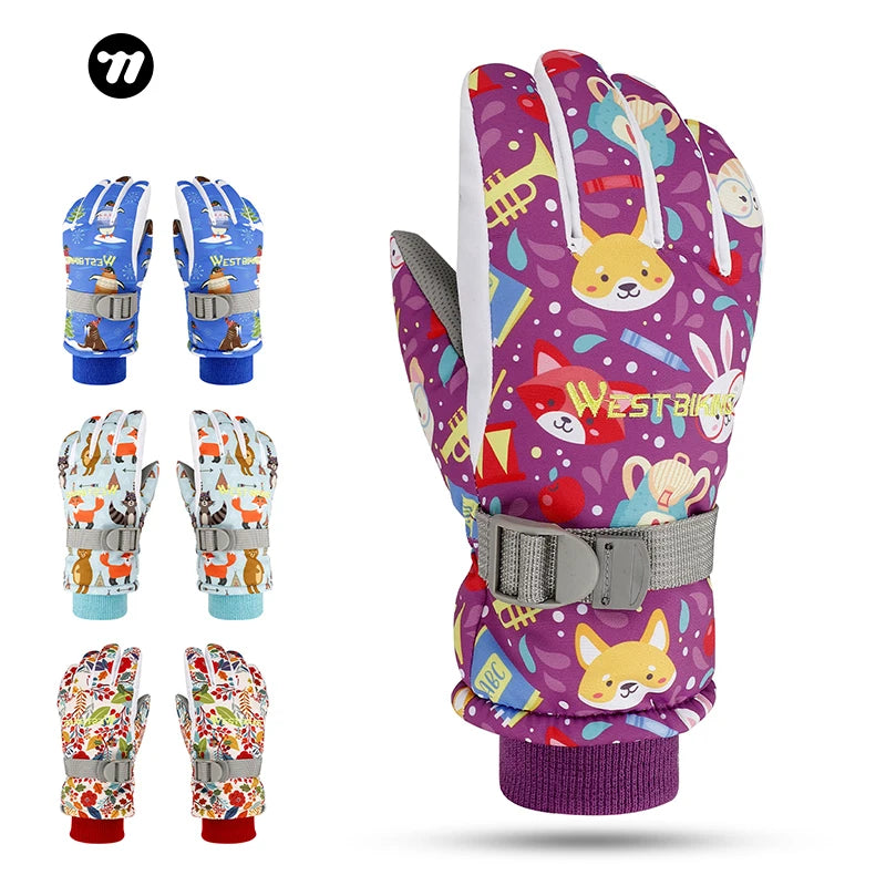 WEST BIKING Children Winter PU Leather Funny Outdoor Gloves Scratch Resistance Windproof Thermal Bicycle Ski Gloves