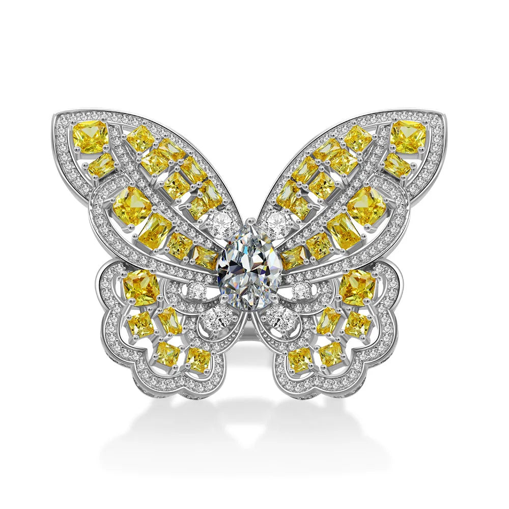Newest Ins Hot Sale Luxury Yellow Zirconia Diamond Full Paved 925 Sterling Silver Butterfly Rings 2020 Europe Style