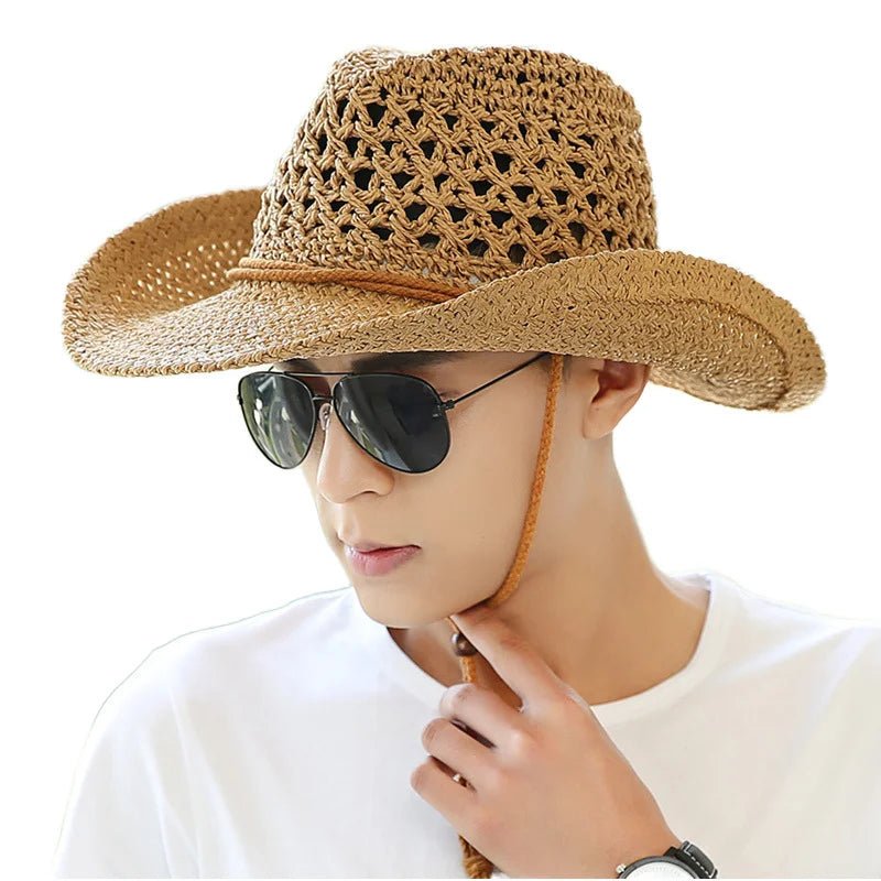 Men Handmade Paper Straw Cowboy Hat Mexico Sombreros Wide Brim Summer Beach Sun West Cowboy Hat