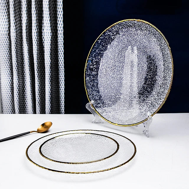 Wholesale Hammer Grain Fruit Plates Decorative Glass Ice Cream Fruit Bowl Gold Rim Glass Charger Plates Glass Dinner Plate Sets