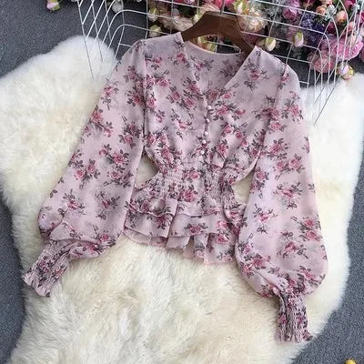 Women's Chiffon Shirt Temperament V-neck Slim Short Puff Sleeve Top Slim Fashion Sweet Korea Chic Summer 2024