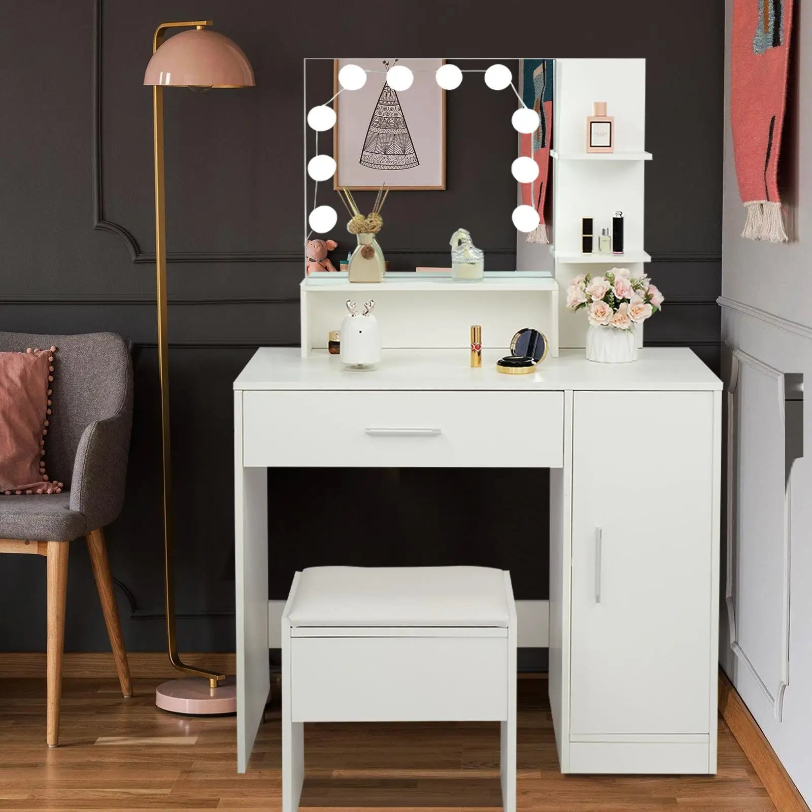 Fashion Dressing Chinese Small Wicker Set Big Mirror Round Luxury Mdf Dresser Wooden Legs Led Women's Makeup Table