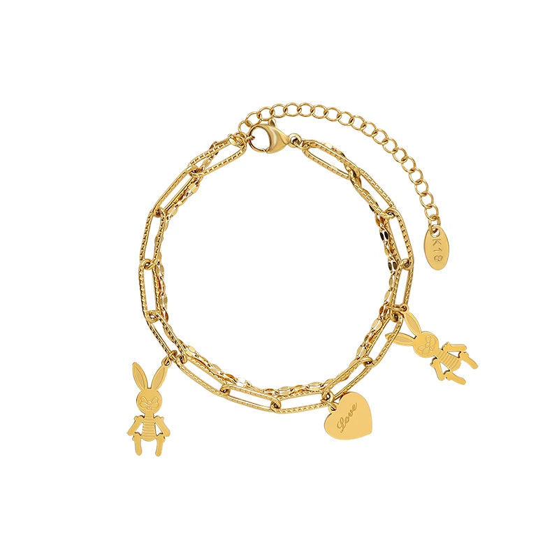 European and American Jewelry Design Feeling Double Layered Rabbit Peach Heart Love Pendant Bracelet Female Stainless Steel