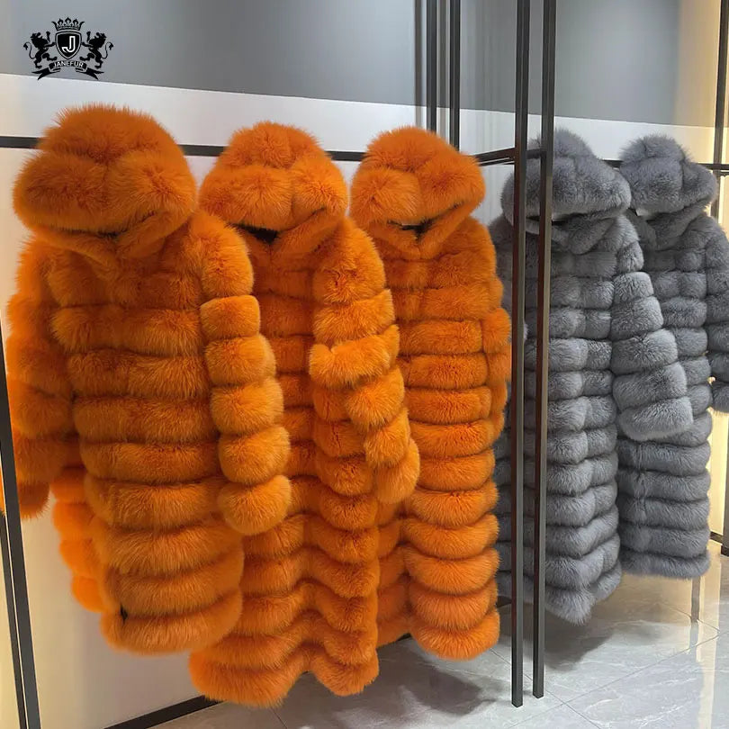 Janefur Factory Direct Long Hooded Winter Fur Jacket Crop Vintage Orange Luxury Fox Fur Coat for Women