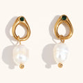 Ding Ran 18K Gold Plated Fresh Water Pearl Drop Earrings Stainless Steel Green Zircon Stud Earrings Fashionable Jewelry