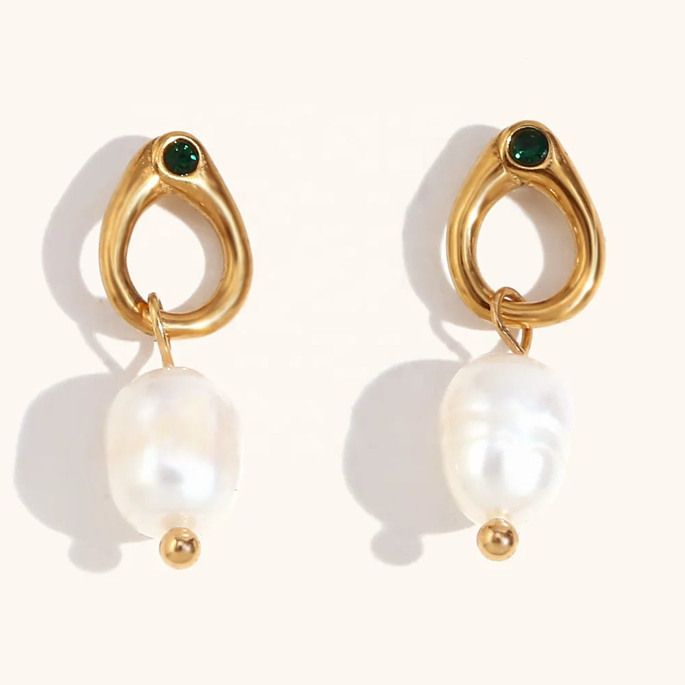 Ding Ran 18K Gold Plated Fresh Water Pearl Drop Earrings Stainless Steel Green Zircon Stud Earrings Fashionable Jewelry