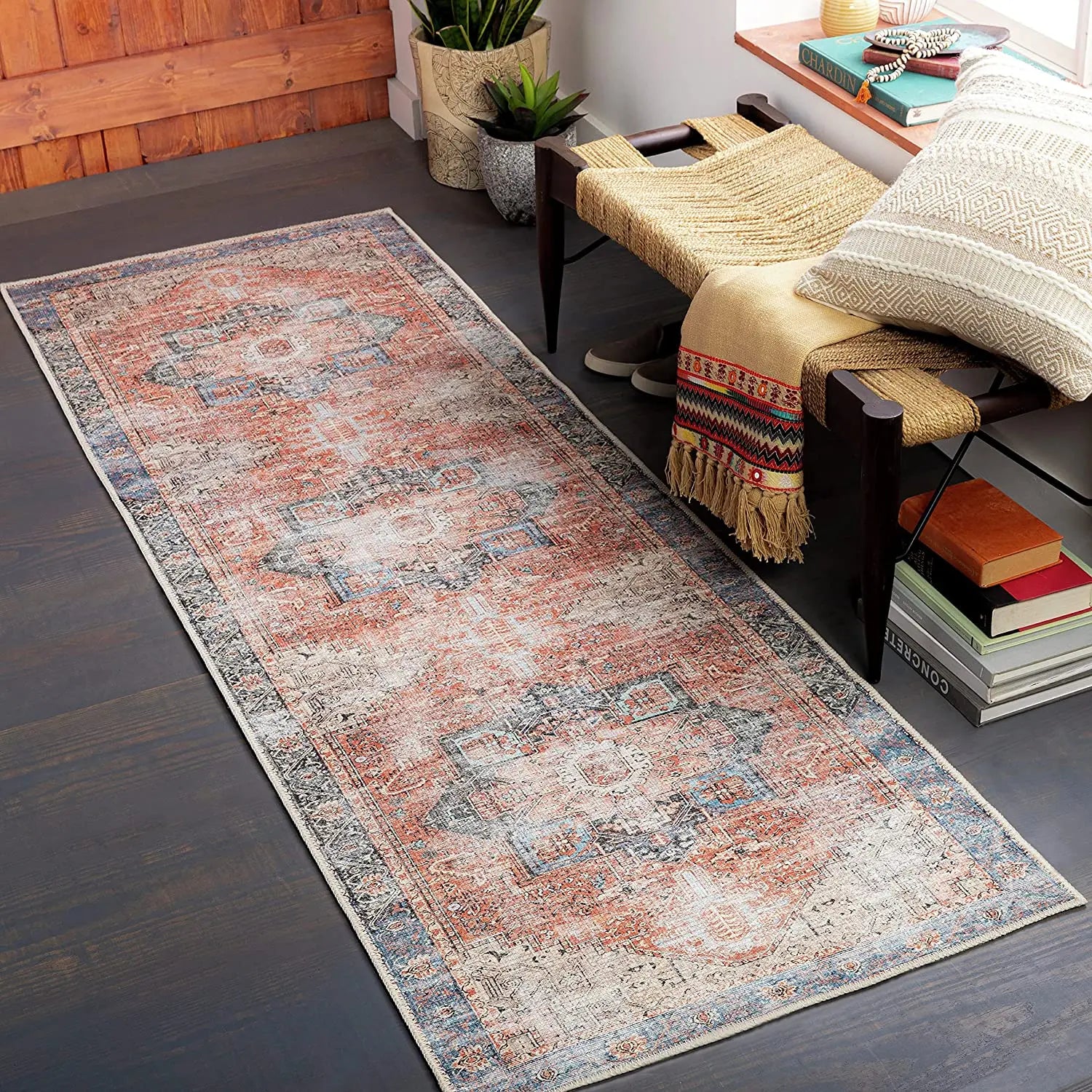 Non Slip Area Rugs Oriental Carpet Living Room Vintage Medallion Machine Washable Runner Rug