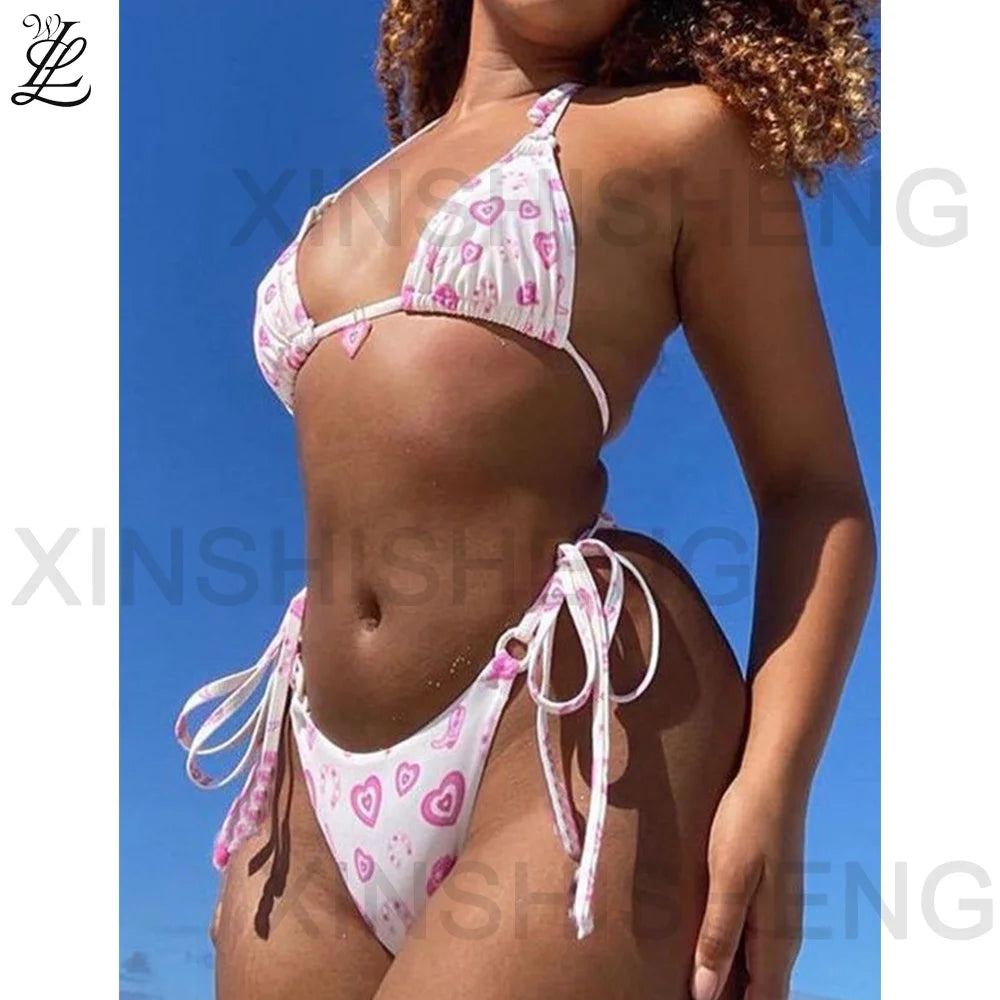 2024 Custom Metal Logo Bikini Solid Color Swimsuit Swimwear & Beachwear  Swim Triangle Top Tie Bottoms With Metal Logo Bikini
