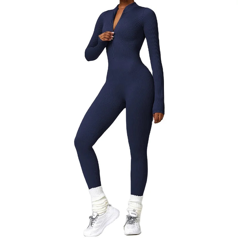 Winter Zipper Tight Long-sleeved One-piece Fitness Yoga Wear Jumpsuit High Intensity Belly Combinaisons Women's Clothing