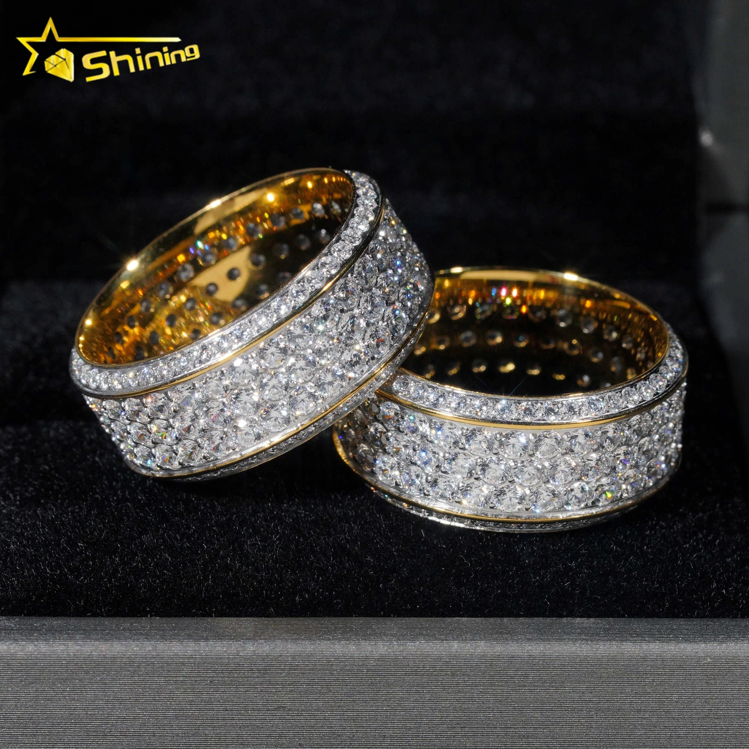 Ready to Ship Gold Plated Hip Hop Jewelry Stainless Steel Fully Iced Out Eternity Band Rings Men