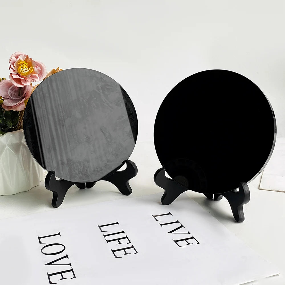 Wholesale Crystal Black Obsidian Mirror 10cm 15cm Black Obsidian Slab Round Mirror with Stand Crystal Crafts for Decoration