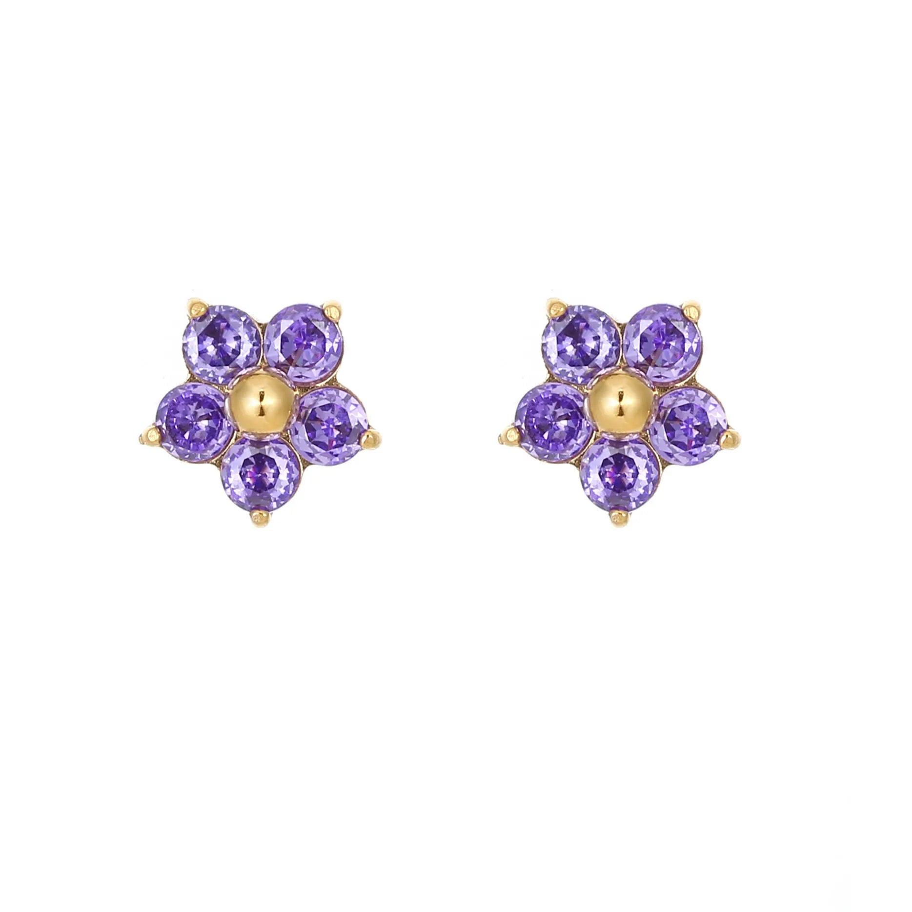 Wholesale Trendy Women's Jewelry Gold Plated Stainless Steel White Pink Purple Zircon Flower Stud Earrings Micro Insert