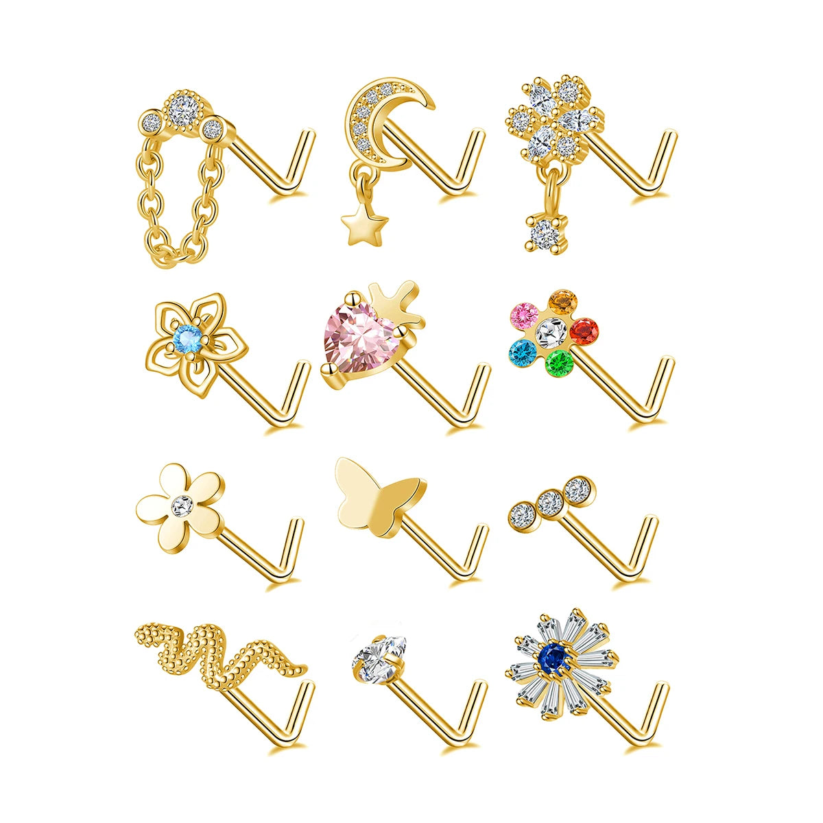 18K Gold Plated Stainless Steel Nose Ring Stud CZ Heart Moon Butterfly Nose Rings for Women Fashion Piercing Jewelry