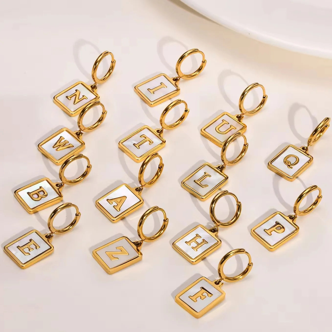 Fashion 26 Letters Square Pendant Earrings Waterproof Stainless Steel Shell Letter Name Initial Earrings DIY Jewelry Party Gift