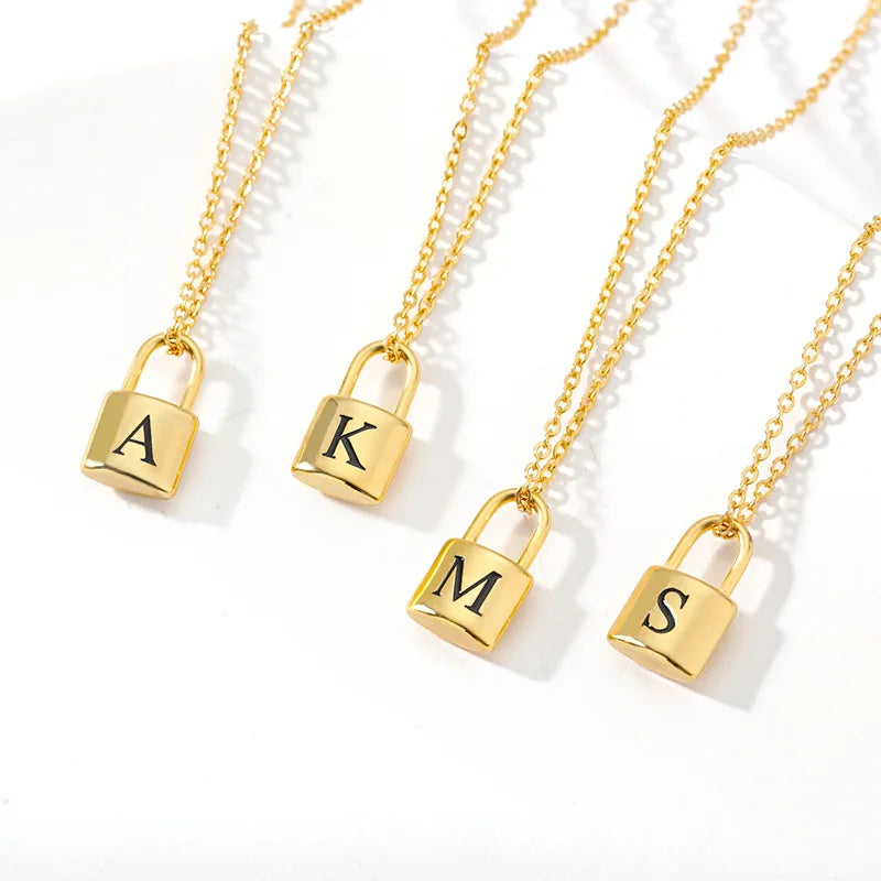 New Minimalist 18K Gold Plated Filled Stainless Steel Padlock Necklace Jewelry 26 Initial Letter Lock Pendant Necklace