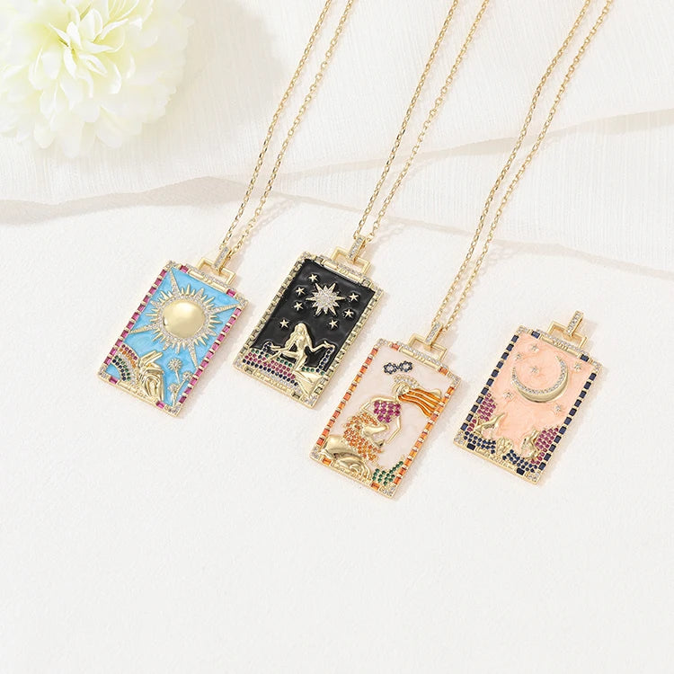 14K Gold Plated Color CZ Rectangle Enamel Tarot Card Necklace Pendant