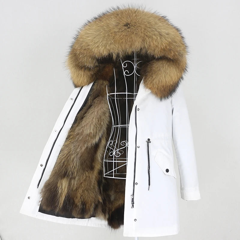 2024 Women's Fashion Long Parka Waterproof Fabric Winter Jacket with Natural Raccoon Fox Fur Collar Hood & Removable Warm