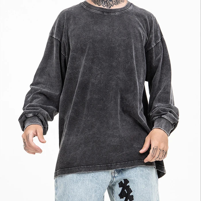 Blank Distressed Long Sleeve Shirts Men Boxy Acid Wash Long Sleeve t Shirt Cotton Mock Neck Full Sleeve t Shirt