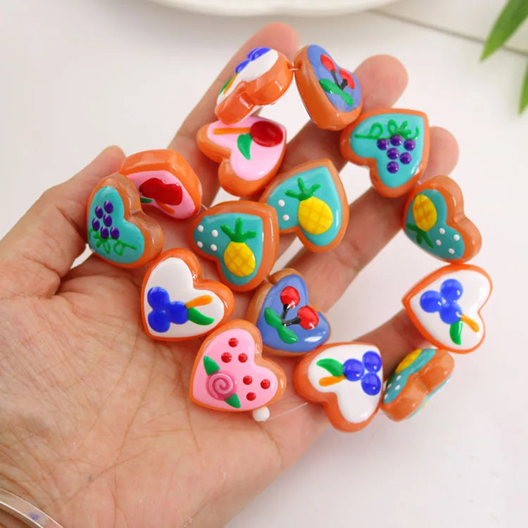 GP0991 Chunky Hand-Painted Multi Colored Lampwork Glass Pineapple Cherry Mushroom Fruit Pattern Heart Beads for Jewelry Making