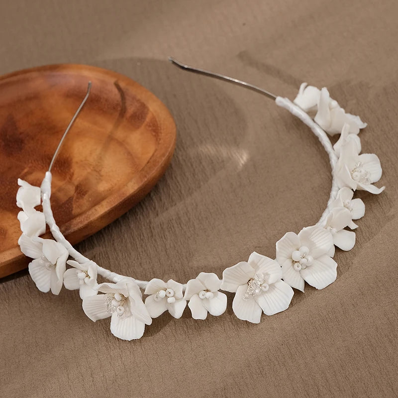 Handmade Ceramic Flower Hairbands for Wedding Party Banquet Pageant Headpiece Pearl Floral Bridal Tiara Hair Jewelry Crown