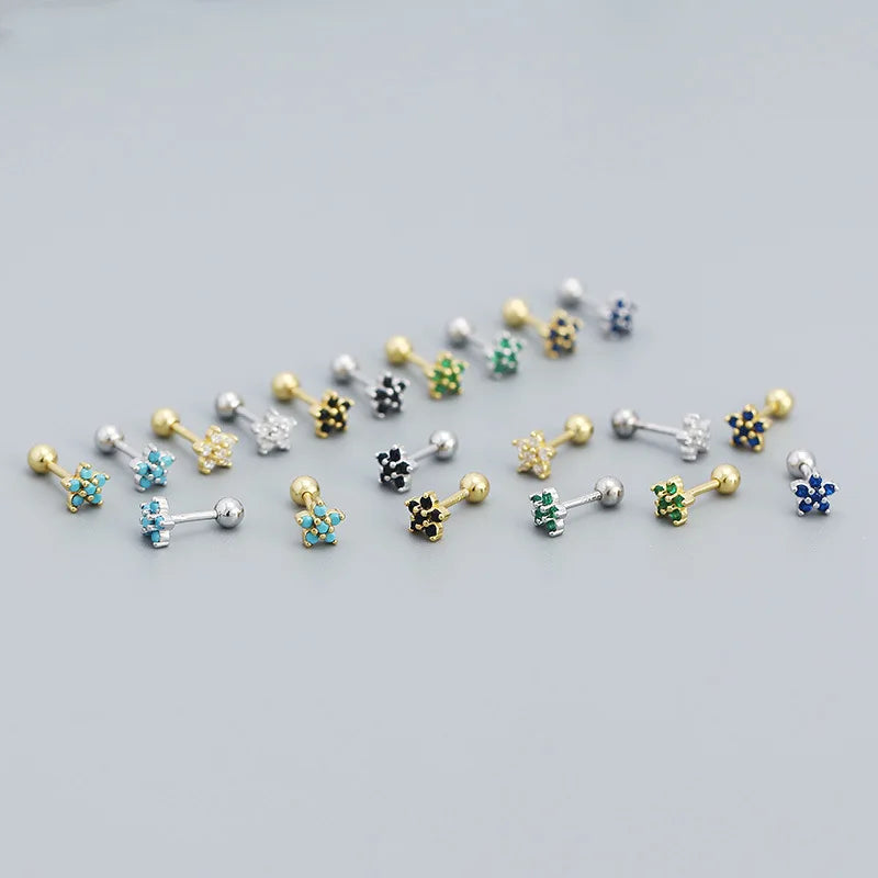 Ins 925 Silver Minimalist Cute Flower Shape Gold Plated Green Black Stones Stud Earring Women Jewelry