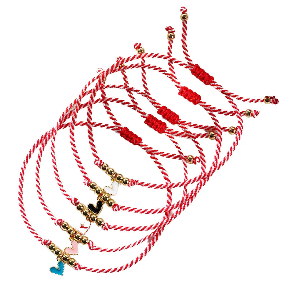 Go2boho Handmade Adjustable Red White Rope Bracelet with Heart Charm Friendship String Jewelry Valentines Gift for Women Lovers