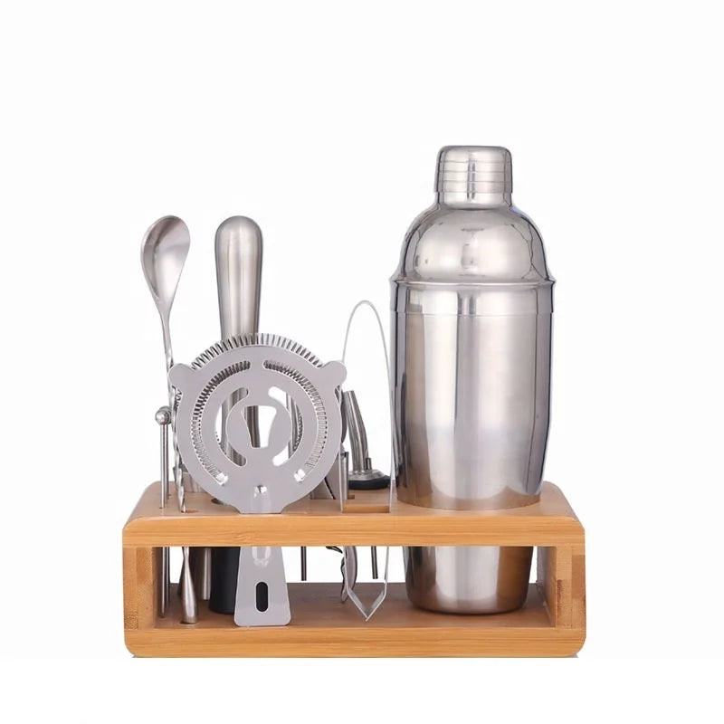 Bartender Convenience Kit Essential Stainless Steel Bamboo Cocktail Shaker Set Custom Logo Martini Maker Stocked Home Commercial