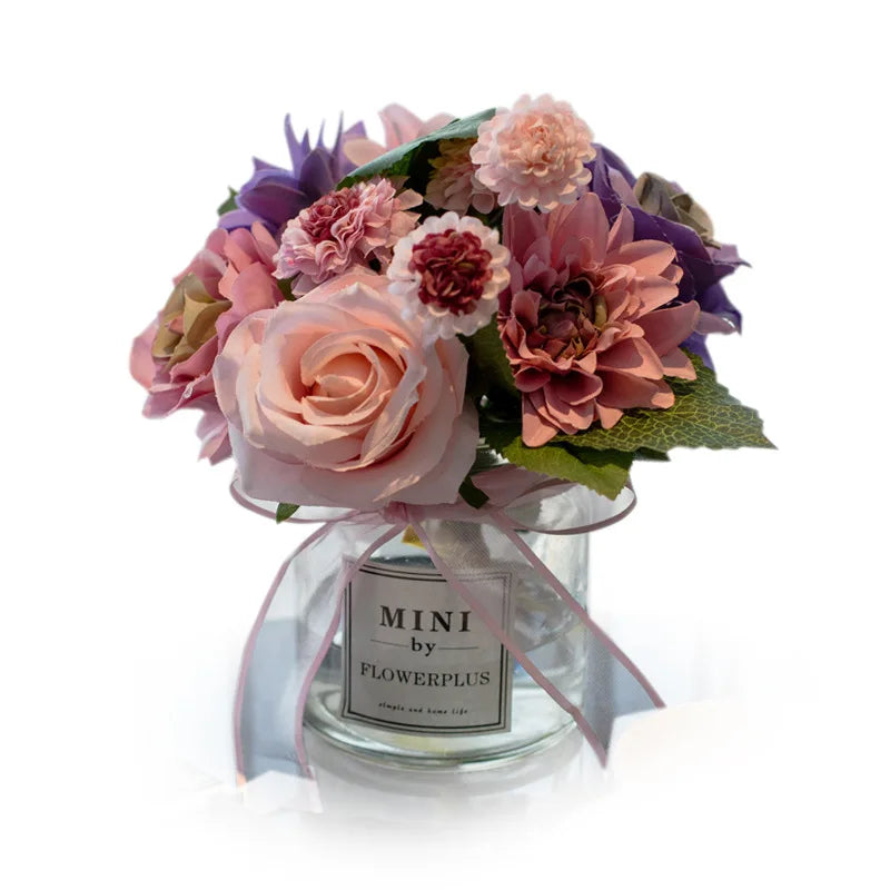 O-X398 Wholesale the Set of Flower Vases Clear Glass With Rose Flower Table Centerpiece Silk Artificial Flowers With Glass Vase