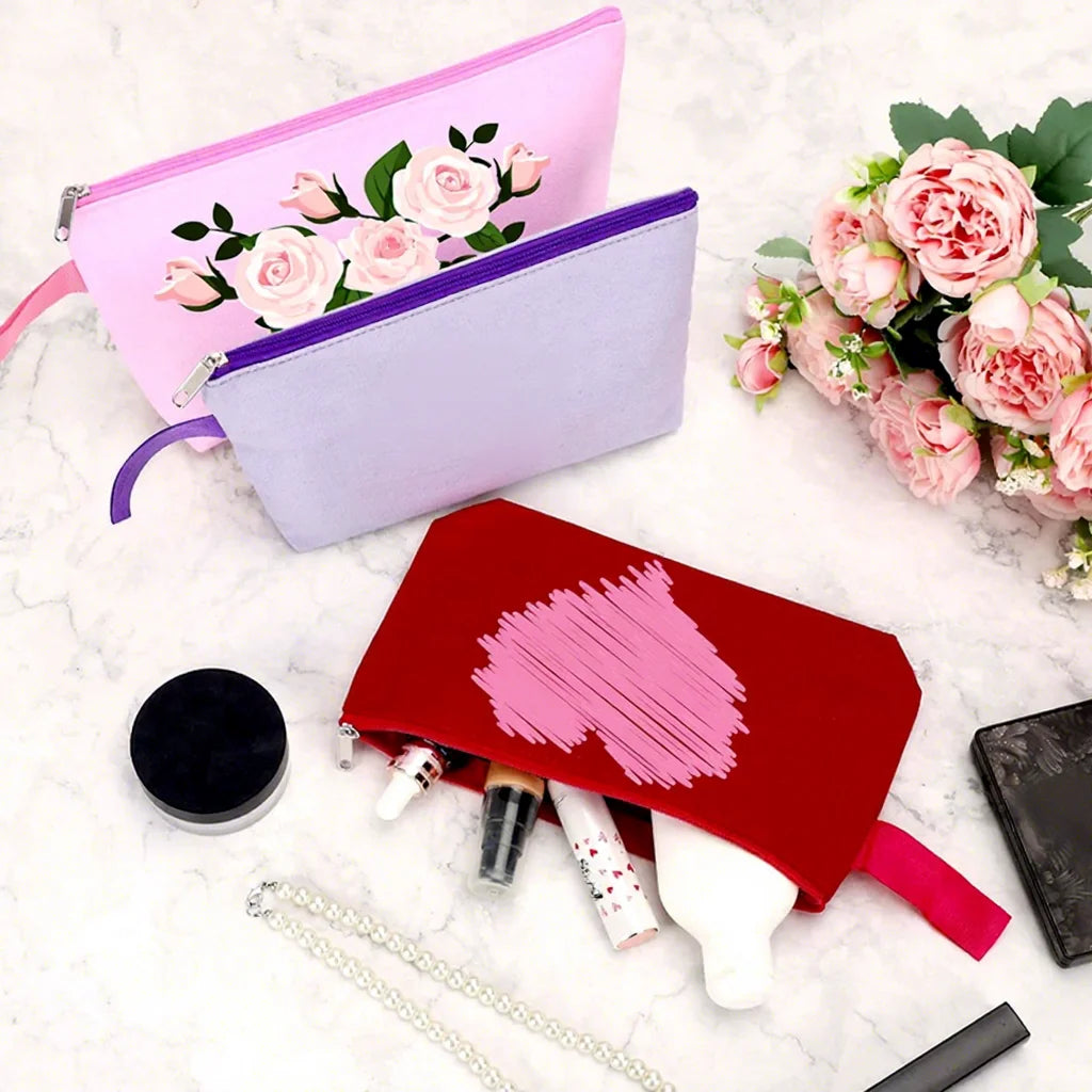 Wholesale Eco-Friendly Cotton Canvas Makeup Bag Zipper Fashionable Printed Logo Embroidery Style Perfume Bottle Cosmetic Pouch
