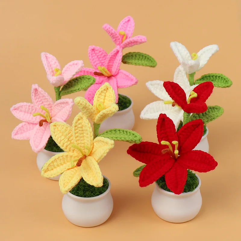 Handmade Crochet Lily Flower Small Potted Plant Simulation Mini Home Desk Car Ornament for Valentine's Day Gift