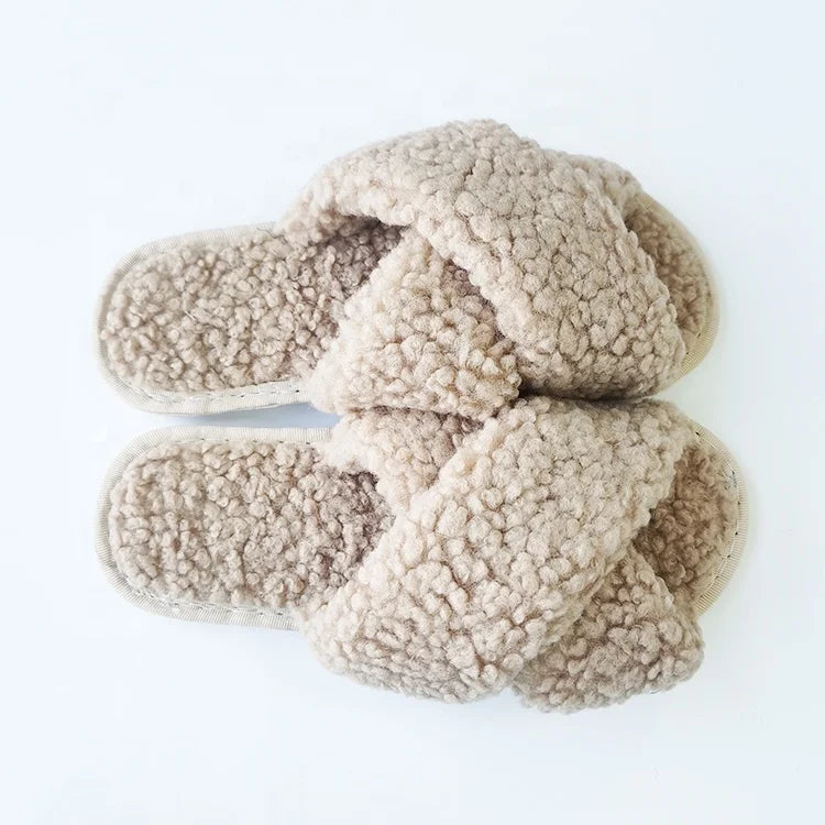Low Price New Fashion Winter Women Fake Lamb Wool Slippers Indoor Home Khaki Shoes for Ladies House Sliders for Girls