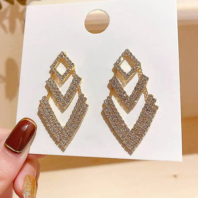 HOVANCI Korean S925 Sterling Silver Geometric Drop Earrings with Rhinestone Bangle Designer Post Jewelry for Ladies