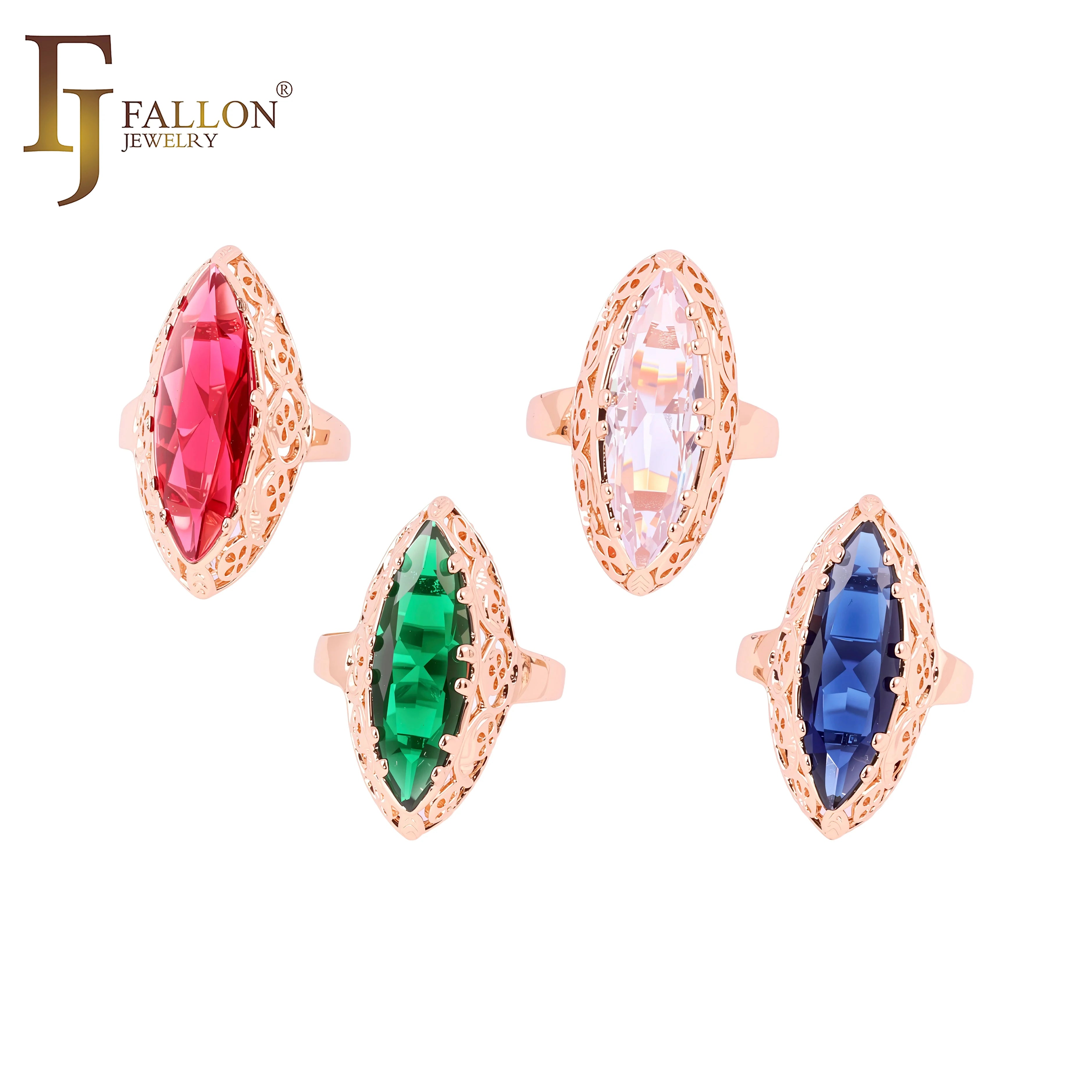 FJ Fallon Fashion Jewelry Trend Luxurious Marquise Red Solitaire CZ 585 Rings Rose Gold Brass Based