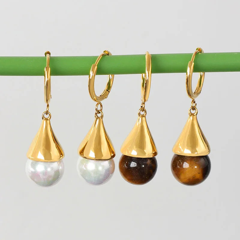 Wholesale Metal Simple Lovely Tigerite Eye Bead Earring For Women Tigernos Eye Raw Gemstone Pearl Pendant Earrings