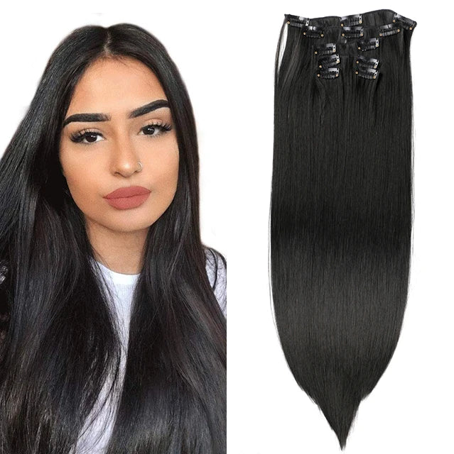 Factory Price 5 Pieces Hair Set 22 Inch Straight Hair Pieces Synthetic Black Brown Clip in Hair Extensions