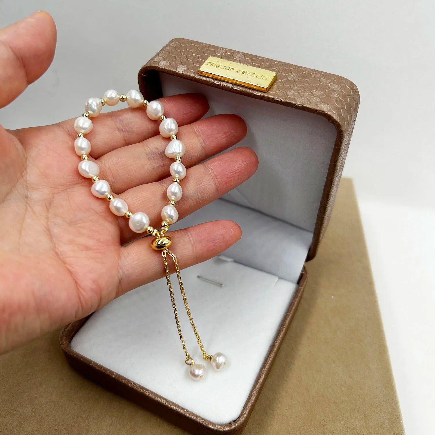 High Quality Adjustable Bohemian Beaded Natural Freshwater Baroque Pearl Brass Silicon Universal 18K Gold Plated Lovers Pattern