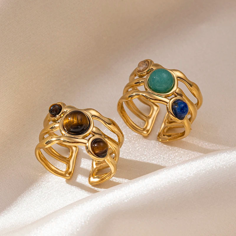 Fashionable 18K Gold Plated Irregular Natural Stone Open Rings New Arrival Stainless Steel Jewelry for Women Wedding Engagement