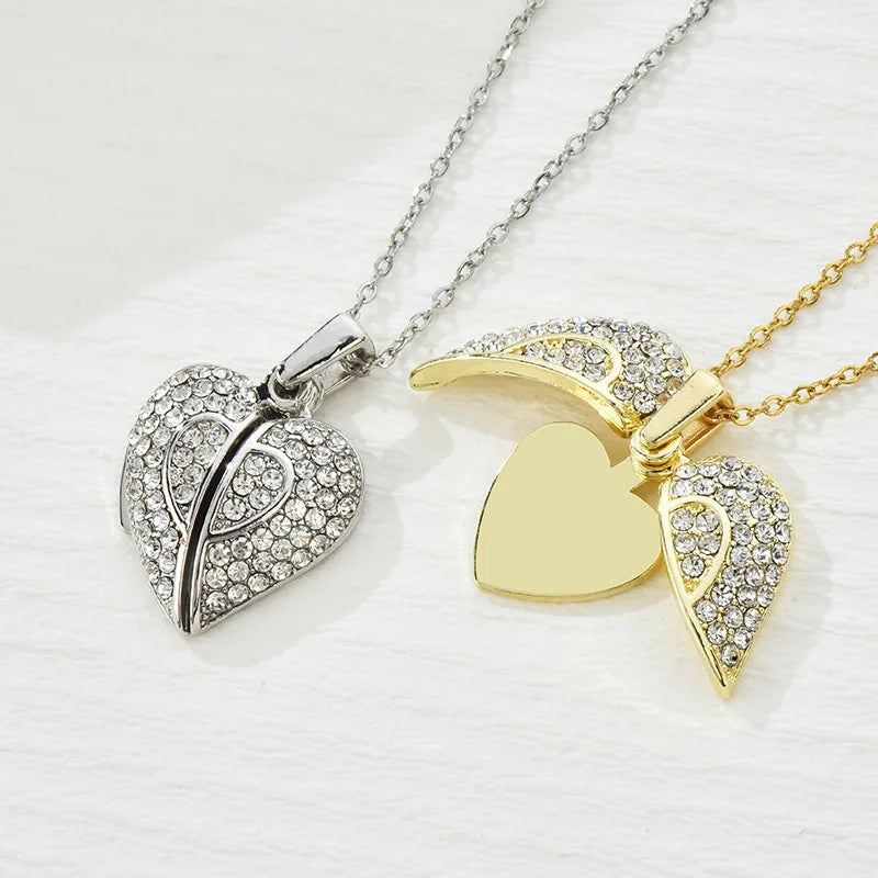 Hot Selling Customize Logo Copper Pendant Heart Wing Open Choker Necklace Full Zircon Dainty Angel Wings Heart Necklace