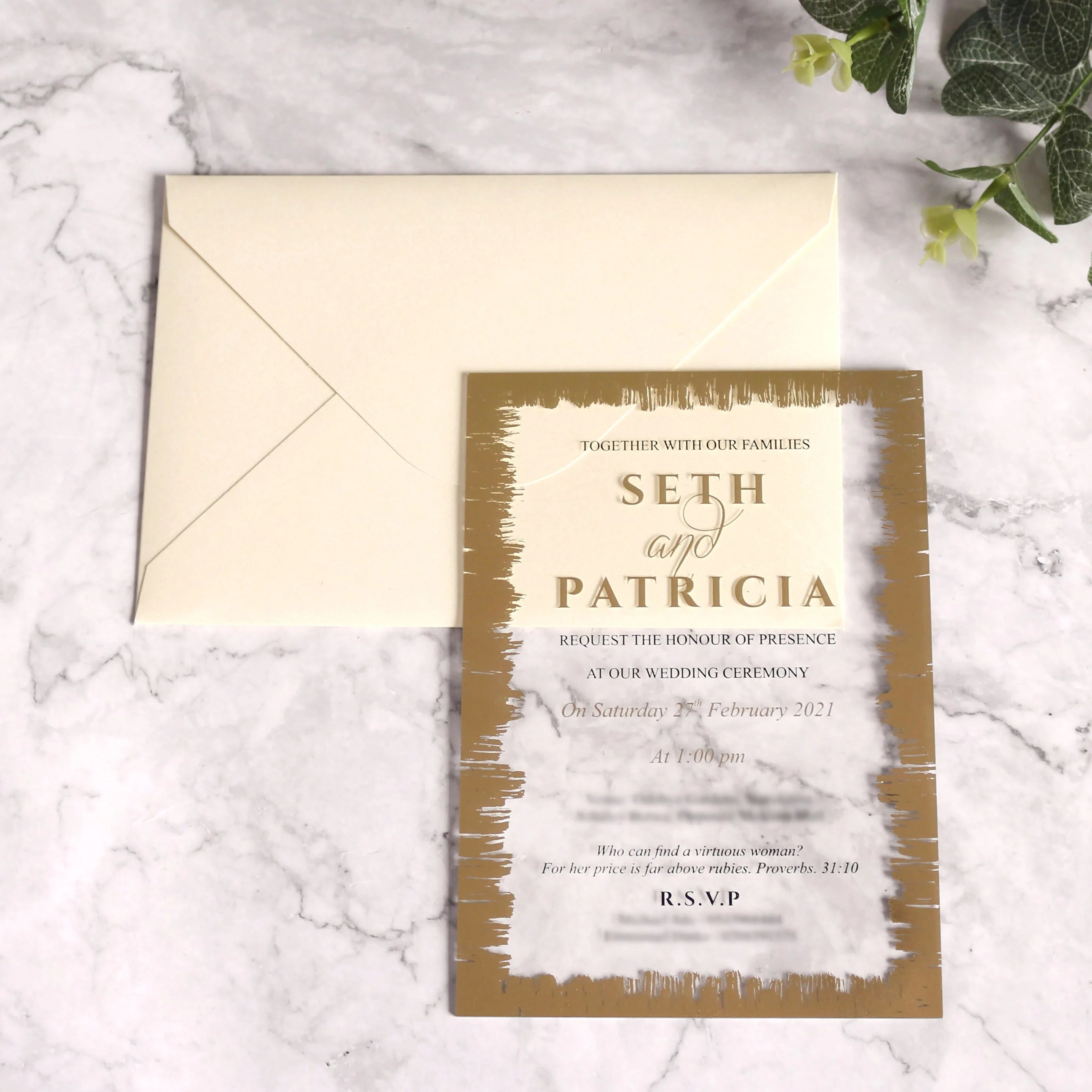 Clear Acrylic Wedding Invites Invitation Card with Gold Foiling Printing Custom with Envelope