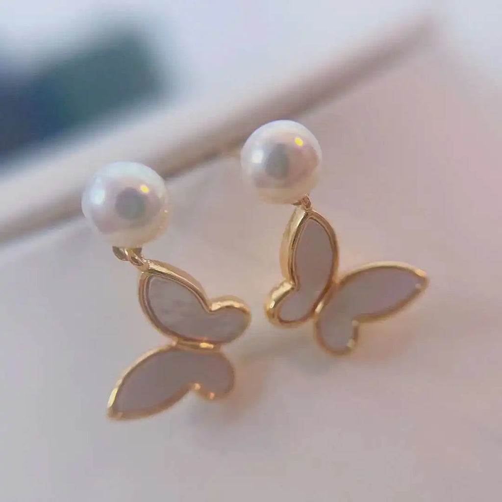Natural Shell Exquisite Butterfly Pendant Earrings Gold Plated 5-6MM Natural Freshwater Pearl Cute Anti Allergy
