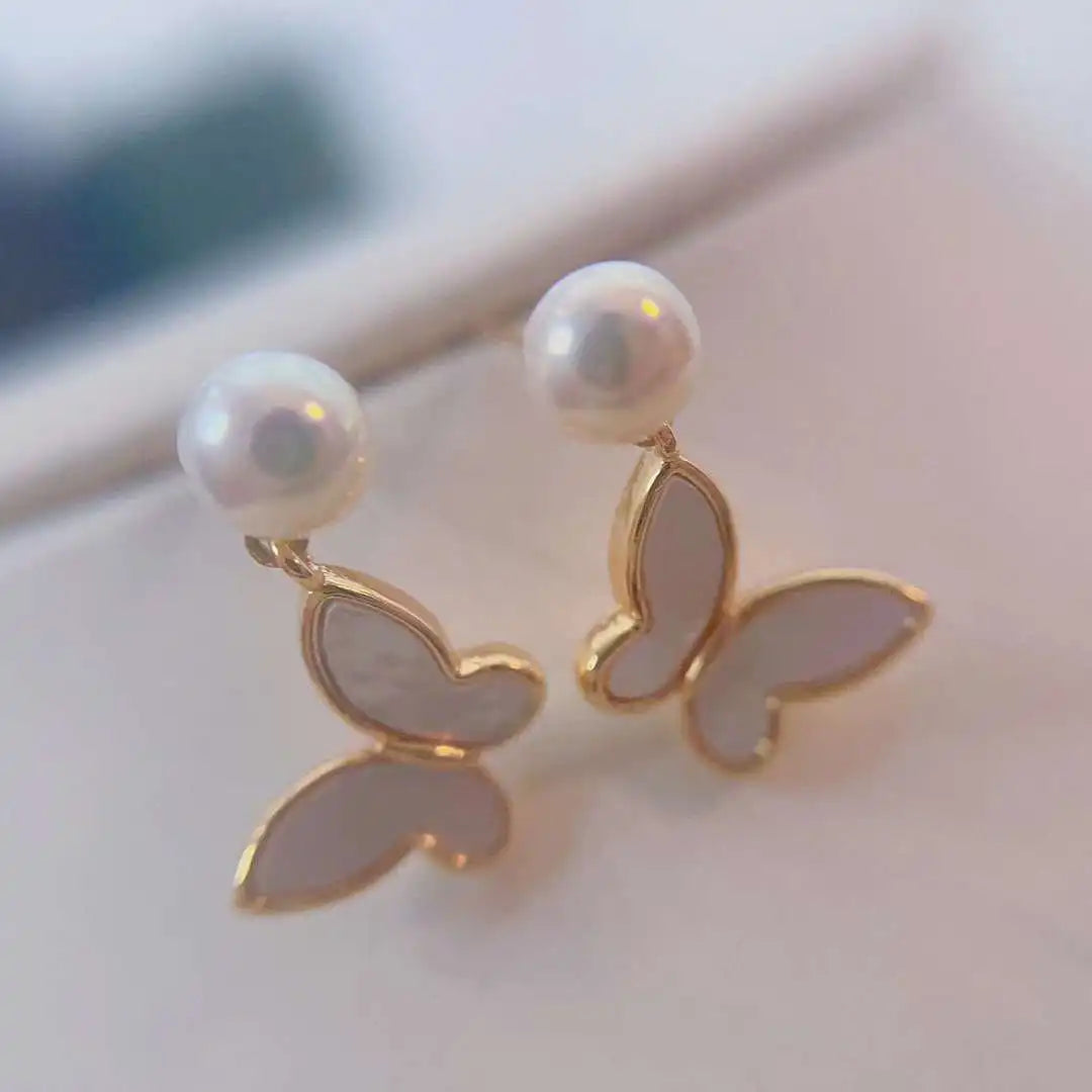 Natural Shell Exquisite Butterfly Pendant Earrings Gold Plated 5-6MM Natural Freshwater Pearl Cute Anti Allergy