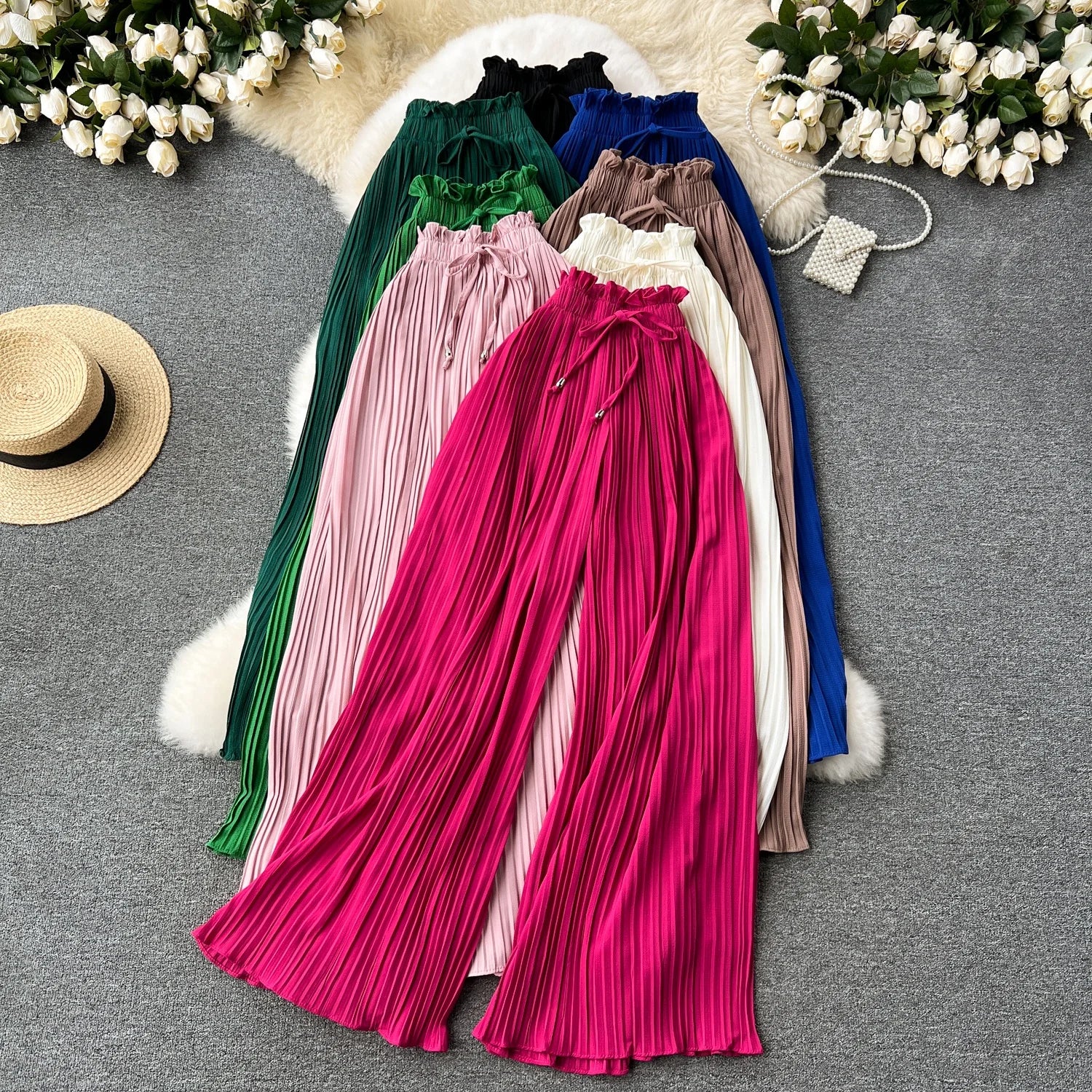 Summer High Waist Tie Casual Pants Loose Short Style Wide Leg Pleated Trousers for Women