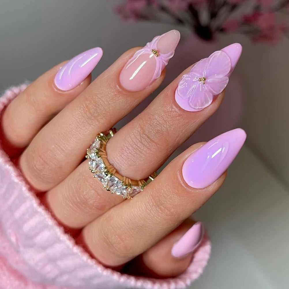 Luxury Fake False Nails Press on Wholesale Soft Gel Custom Rhinestone Hand Made 3D Flower Pink Luxury Stiletto Press on Nails