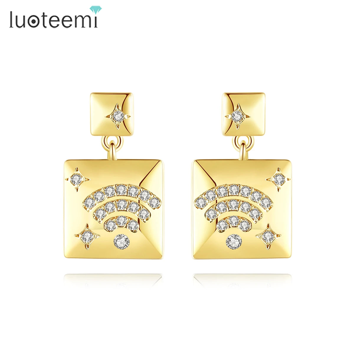 LUOTEEMI Creative Design Ingenious Earring Wifi Pattern a AA Cubic Zirconia Setting Square Gold Metal Earrings for Women MegaBDM