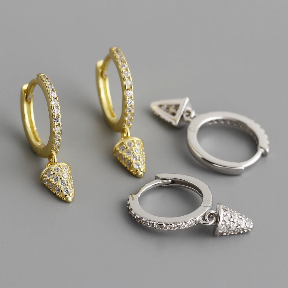 Fine Jewelry S925 Sterling Silver Punk Earrings Triangle Spike With Small Diamond Charms Hoop Earrings for Women
