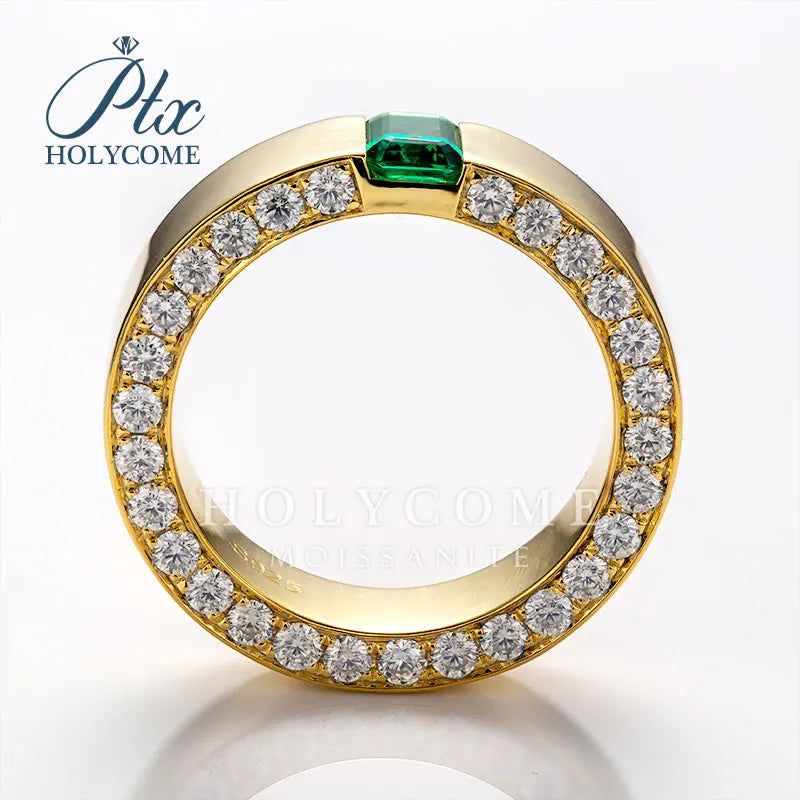 Custom Make Green Color Emerald Cut S925 Yellow Gold Plated With Moissanite Wedding Ring for Men Holycome  CLASSIC Emerald Ring