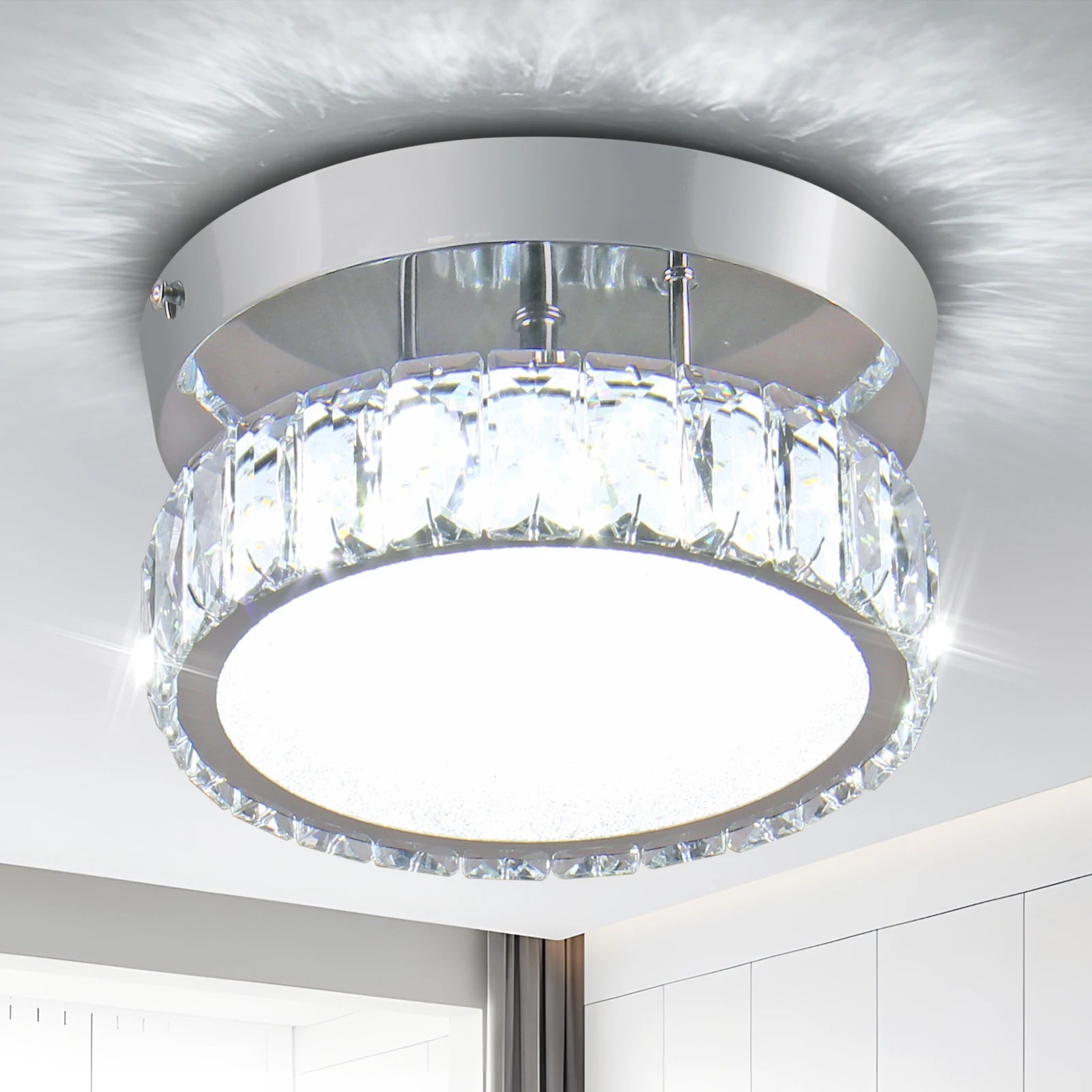 Modern Chrome Cool White Mini Round LED Crystal Ceiling Lamp Surface Mounted Ceiling Chandelier for Corridor