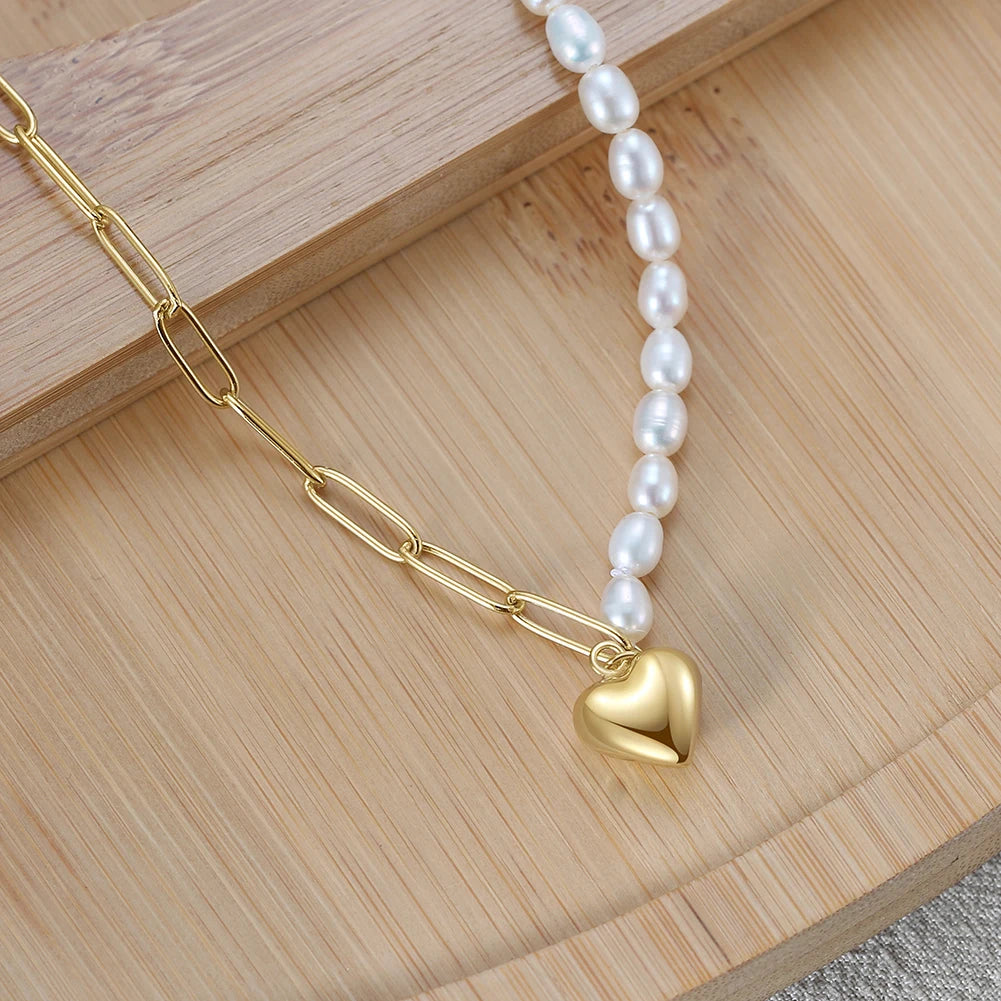 GPN33 Half-Cultured Freshwater Pearl Half-Paper Clip Chain Necklace Heart Pendant 925 Sterling Silver Fine Jewelry Women Gifts