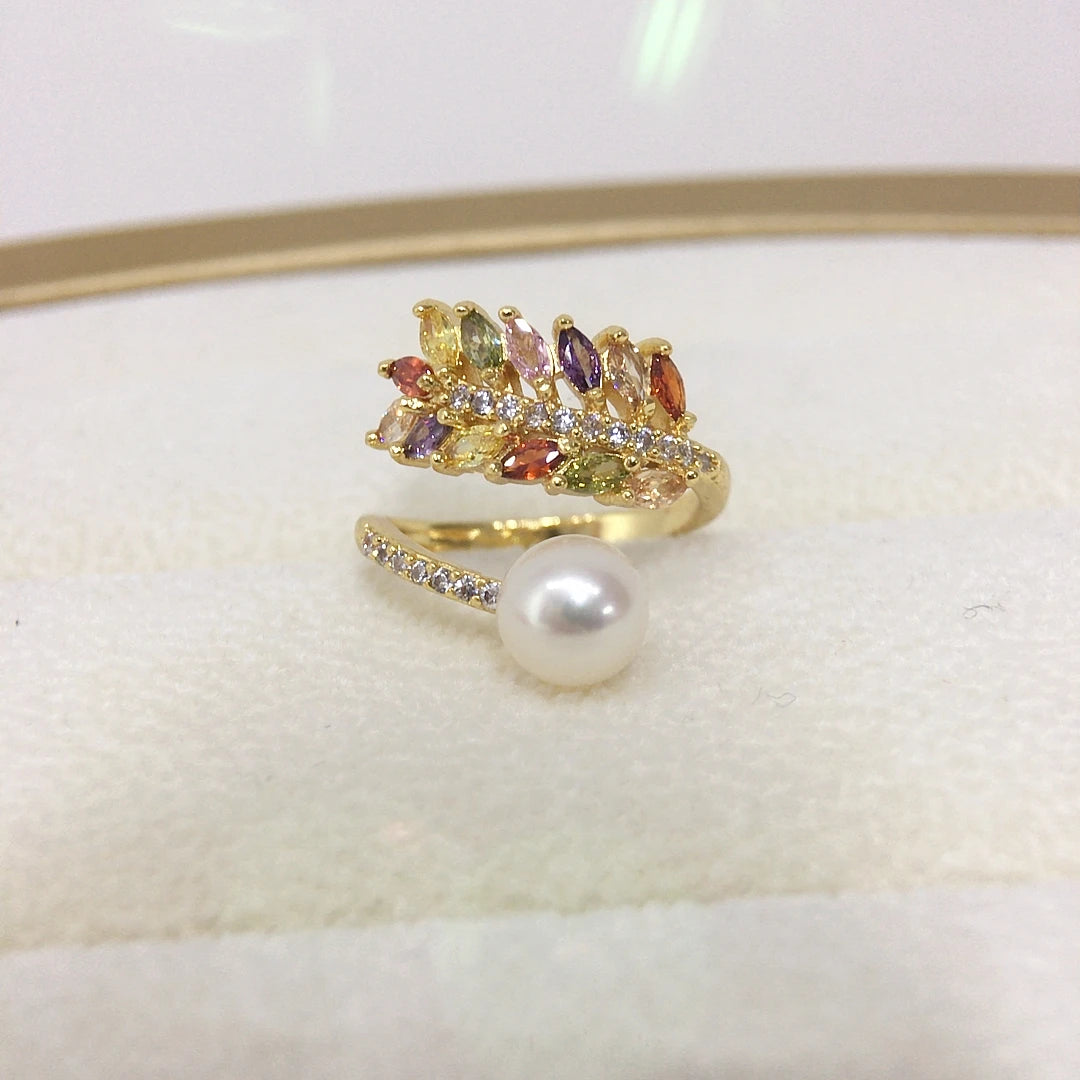 Hot Sale Wheat Colored Zircon Ring Jewelry 18K Gold Plated Natural Freshwater Pearl Ring for Women